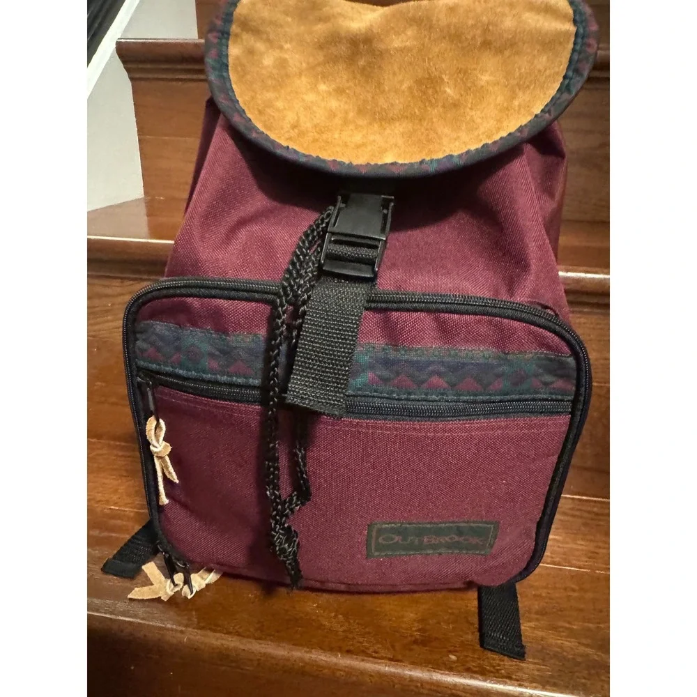 Outbrook Vintage Canvas Backpack Burgundy Suede Trim Southwestern Daypack Bag